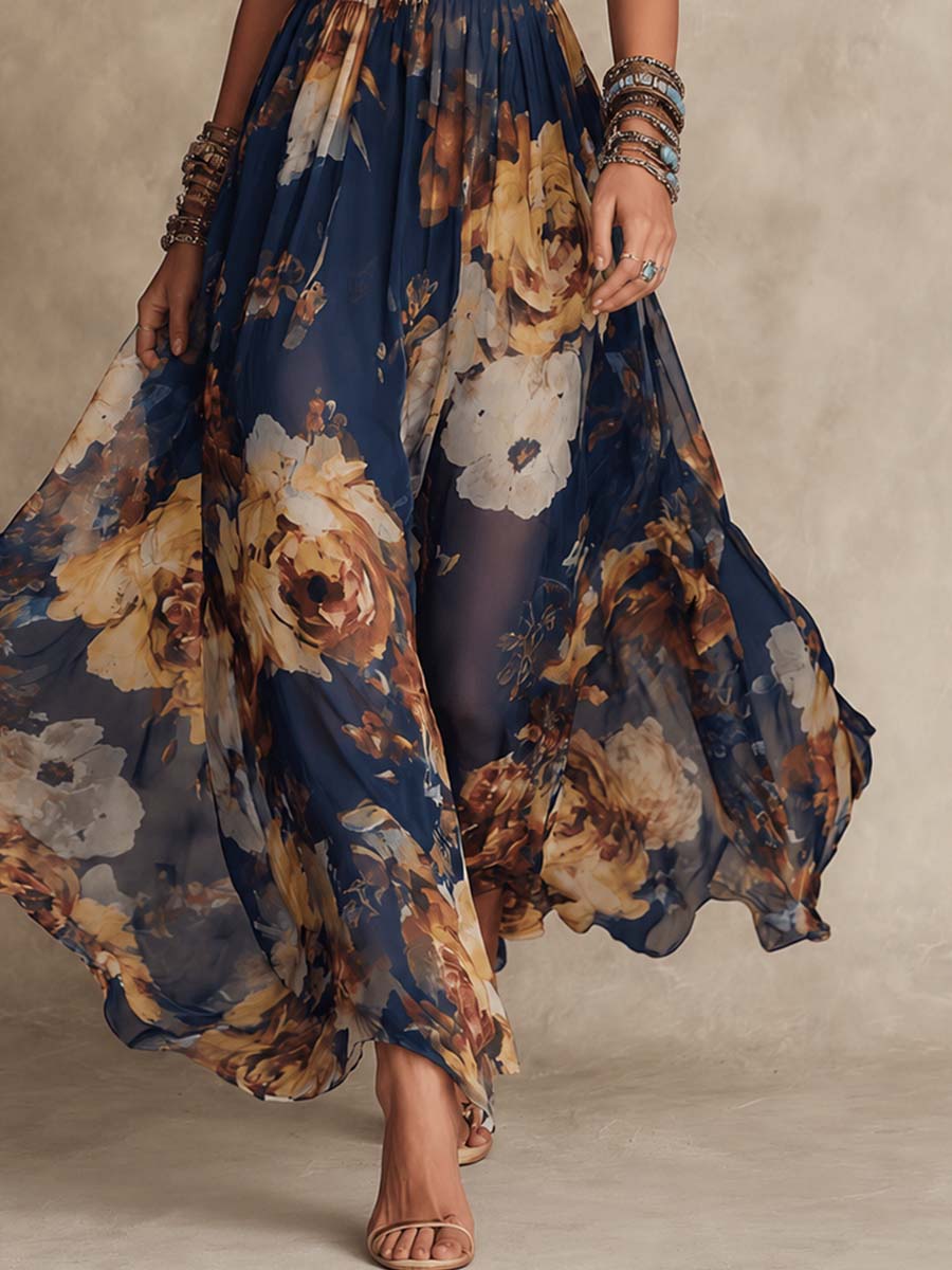 Nicoletta | Abito Lungo in Chiffon Blu Navy con Stampa Floreale e Spalline Sottili