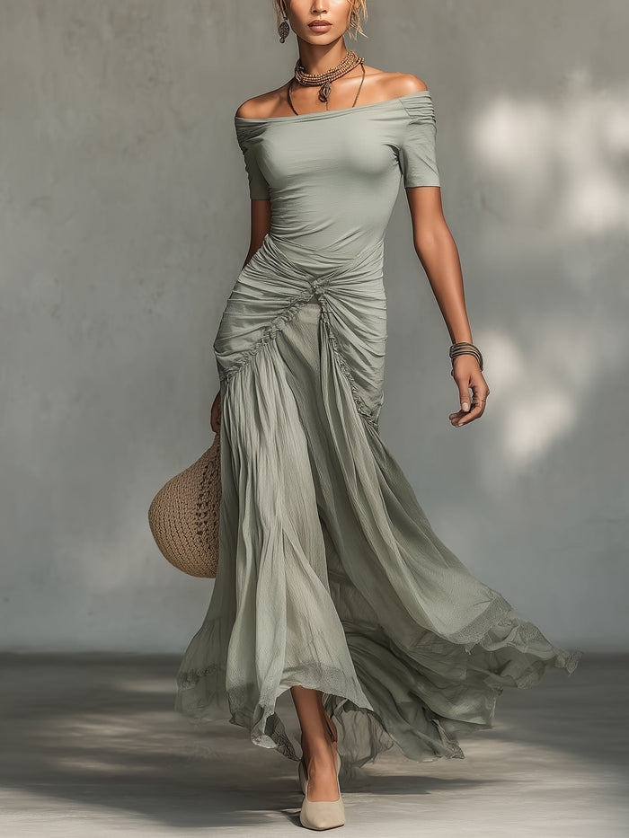 Serena | Abito Maxi in Chiffon Grigio con Scollo Nudo