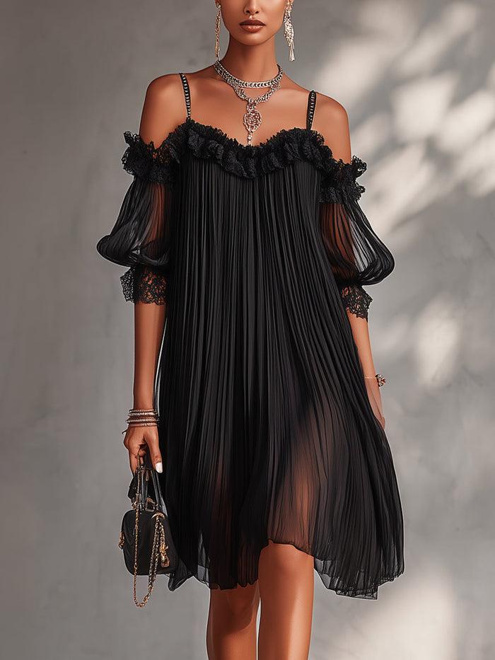 Vittoria | Mini Abito Nero in Chiffon con Spalle Scoperte e Bordo in Pizzo