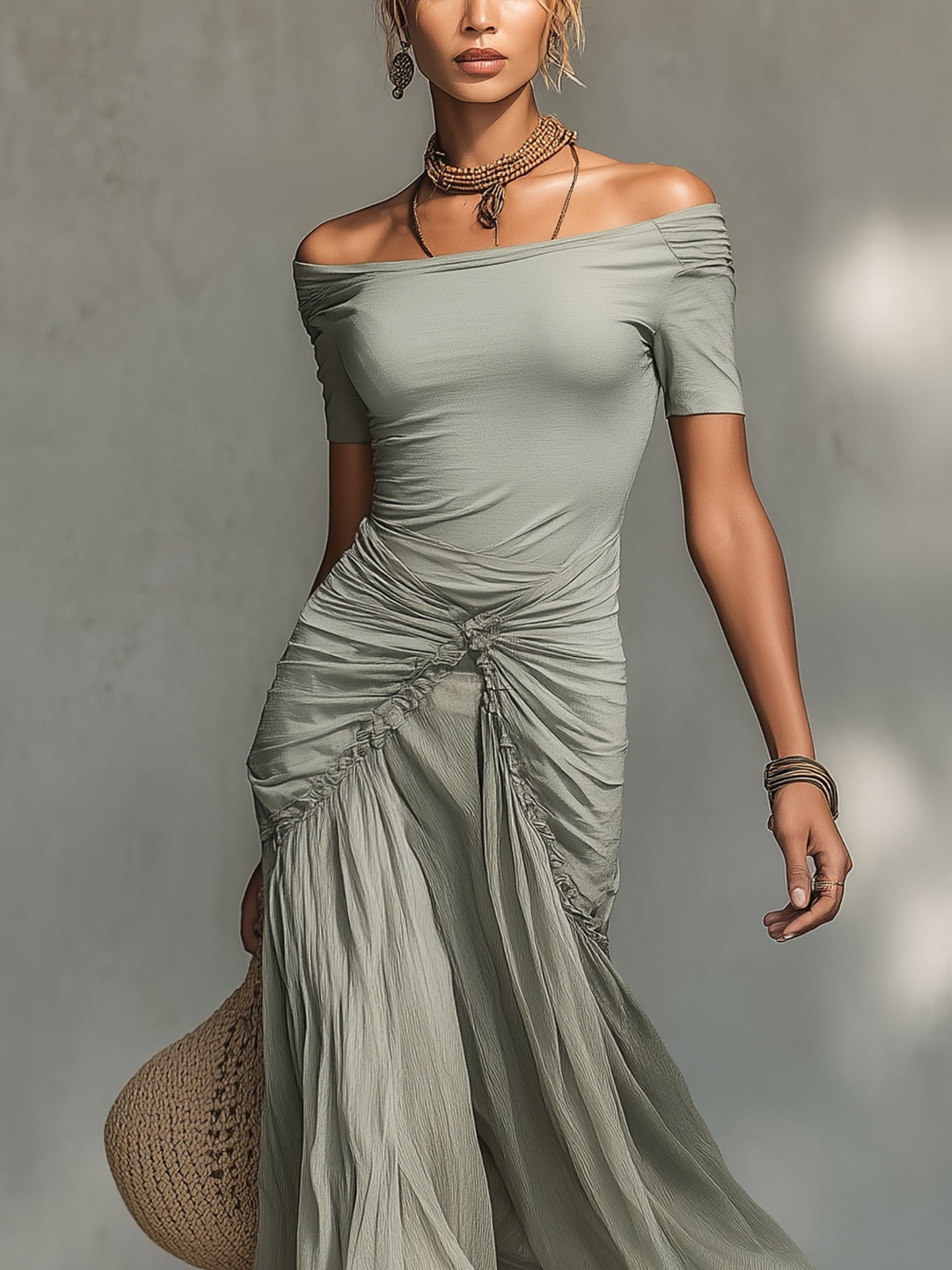 Serena | Abito Maxi in Chiffon Grigio con Scollo Nudo