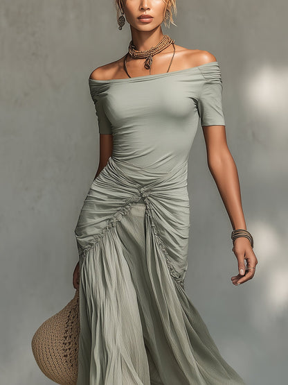 Serena | Abito Maxi in Chiffon Grigio con Scollo Nudo