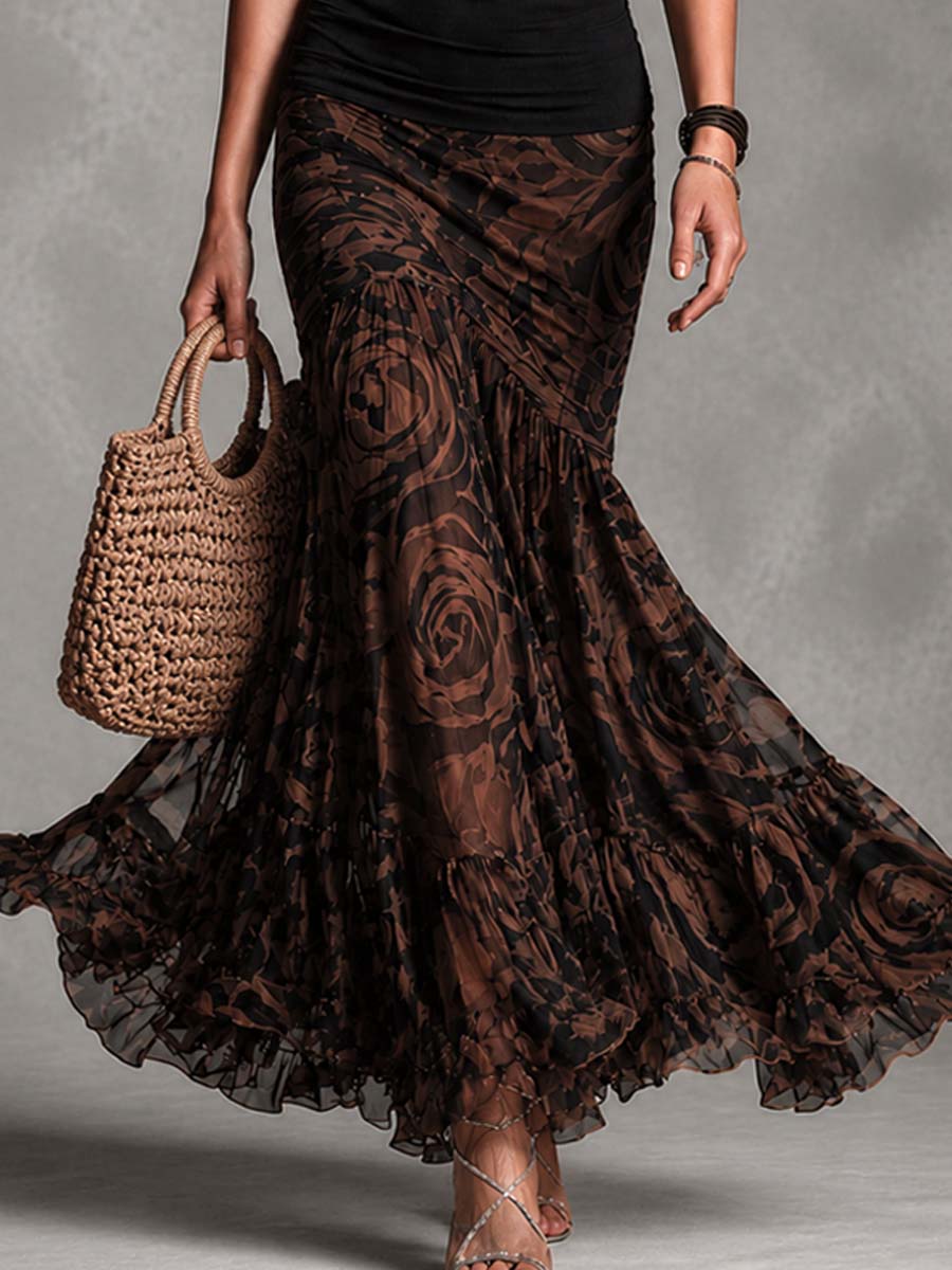Rossana | Set Due Pezzi Top Halter Nero e Gonna Maxi in Mesh Rose
