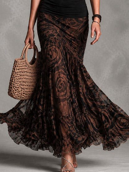 Rossana | Set Due Pezzi Top Halter Nero e Gonna Maxi in Mesh Rose