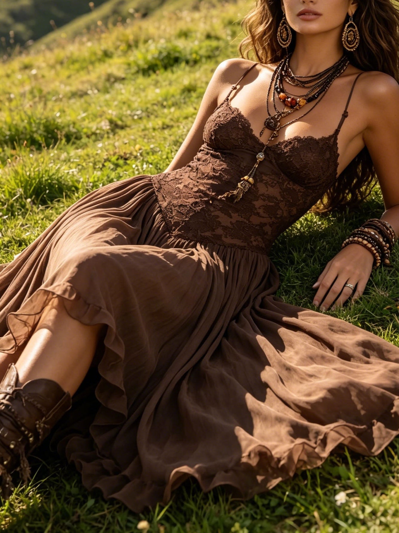 Federica | Abito Maxi in Chiffon e Pizzo Marrone