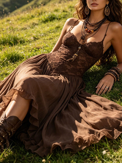 Federica | Abito Maxi in Chiffon e Pizzo Marrone