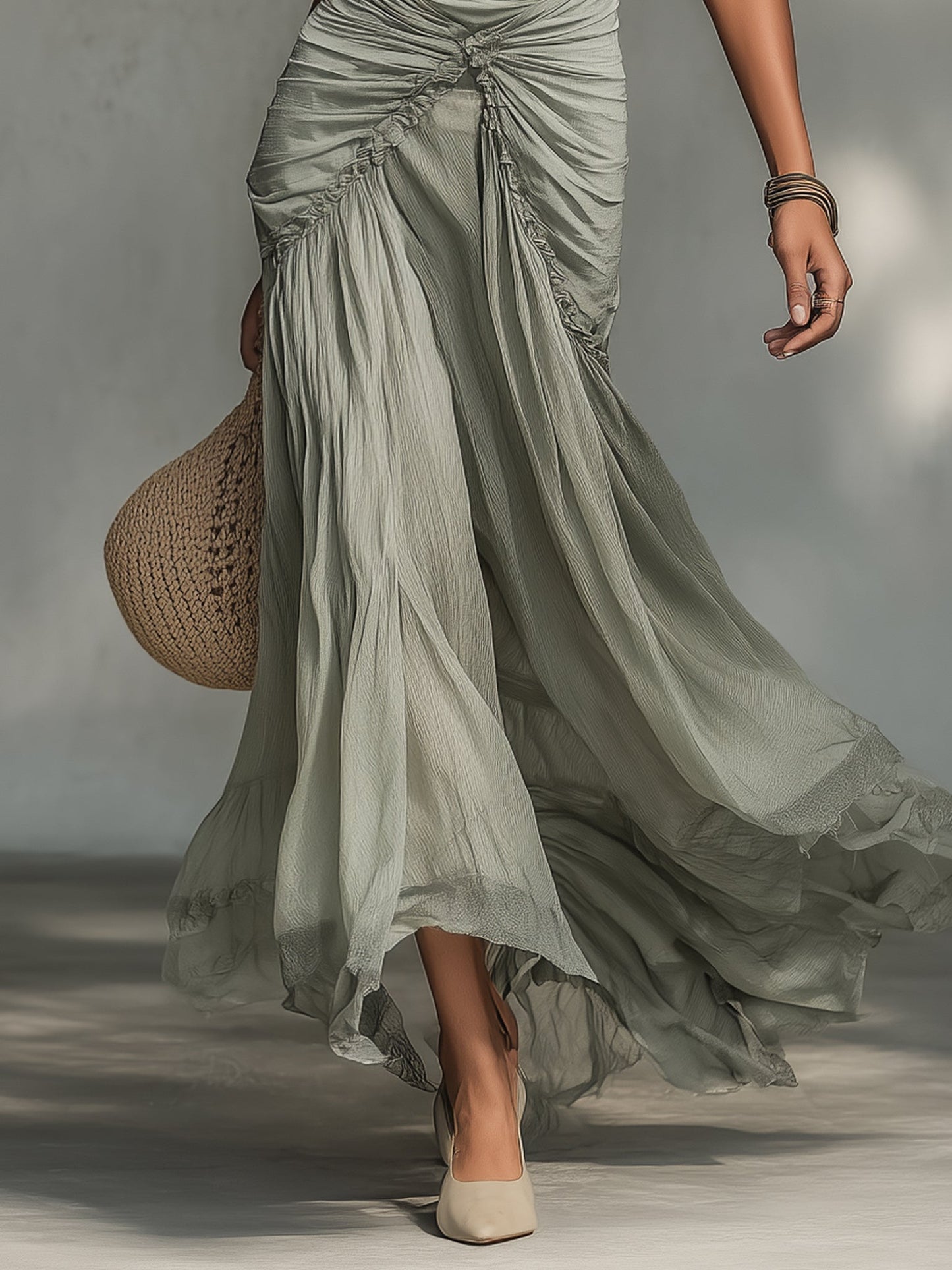 Serena | Abito Maxi in Chiffon Grigio con Scollo Nudo