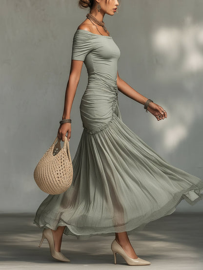 Serena | Abito Maxi in Chiffon Grigio con Scollo Nudo