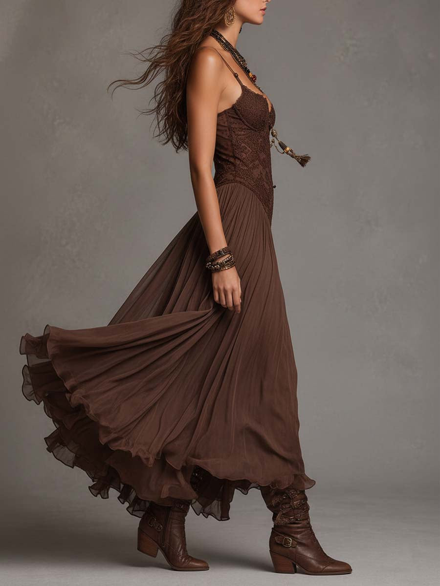 Federica | Abito Maxi in Chiffon e Pizzo Marrone