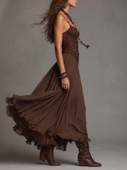 Federica | Abito Maxi in Chiffon e Pizzo Marrone