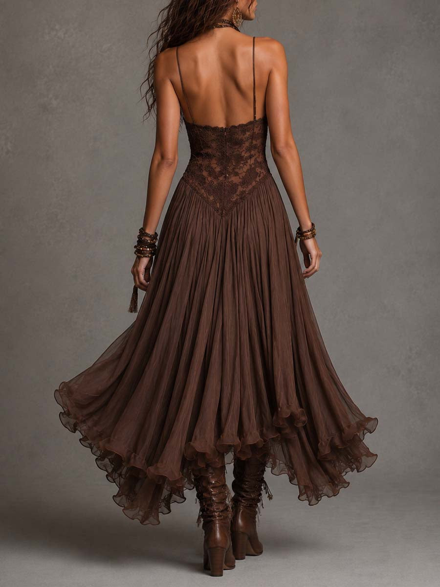 Federica | Abito Maxi in Chiffon e Pizzo Marrone