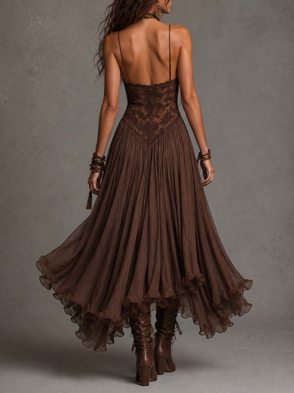 Federica | Abito Maxi in Chiffon e Pizzo Marrone