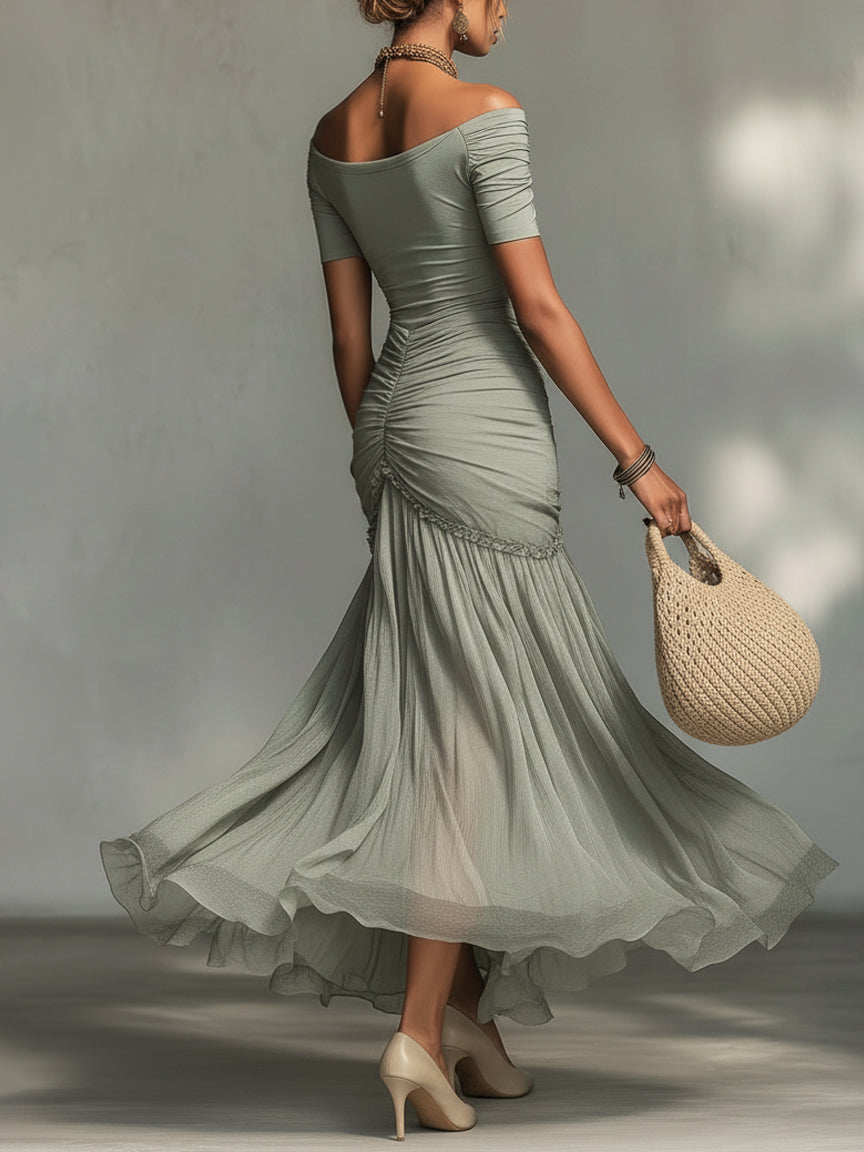 Serena | Abito Maxi in Chiffon Grigio con Scollo Nudo