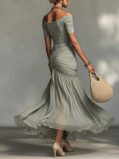 Serena | Abito Maxi in Chiffon Grigio con Scollo Nudo