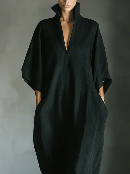 Costanza | Abito Maxi Nero con Maniche a Kimono e Scollo a V