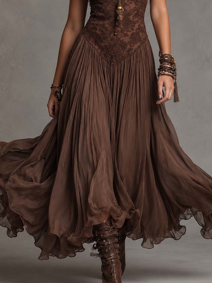 Federica | Abito Maxi in Chiffon e Pizzo Marrone