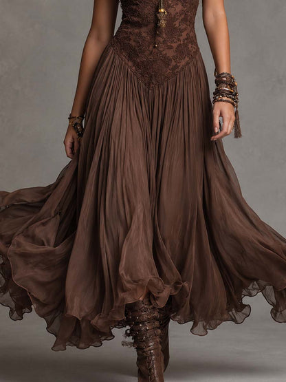 Federica | Abito Maxi in Chiffon e Pizzo Marrone