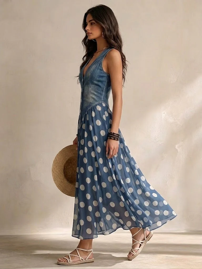 Jolanda | Abito in Denim con Gonna in Chiffon a Pois