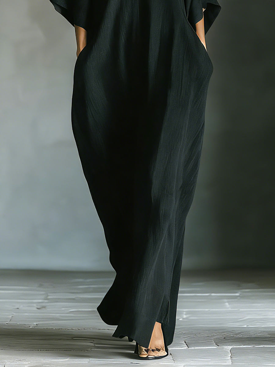 Costanza | Abito Maxi Nero con Maniche a Kimono e Scollo a V