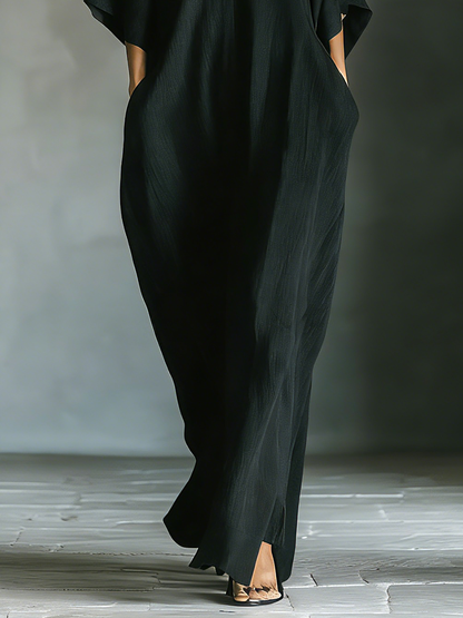 Costanza | Abito Maxi Nero con Maniche a Kimono e Scollo a V