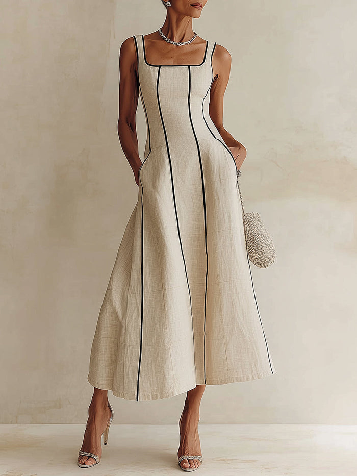 Camille | Abito Maxi A-Line a Righe in Lino, Bordo Nero