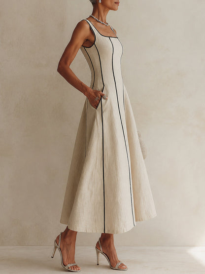 Camille | Abito Maxi A-Line a Righe in Lino, Bordo Nero