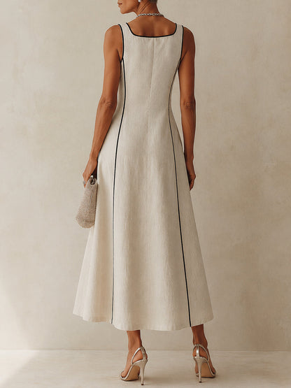 Camille | Abito Maxi A-Line a Righe in Lino, Bordo Nero