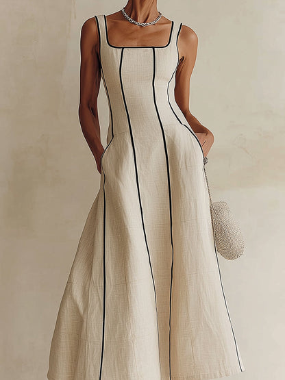 Camille | Abito Maxi A-Line a Righe in Lino, Bordo Nero