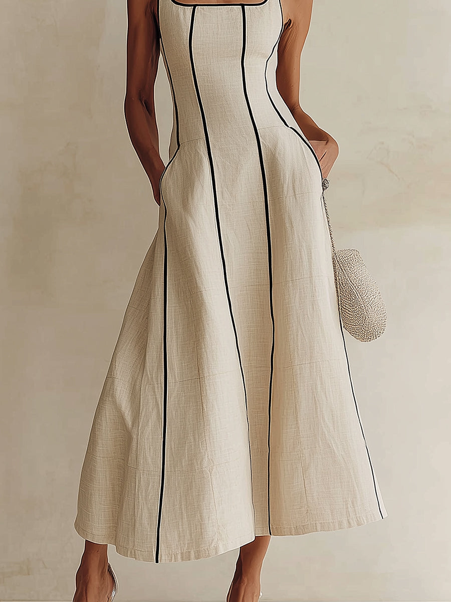 Camille | Abito Maxi A-Line a Righe in Lino, Bordo Nero