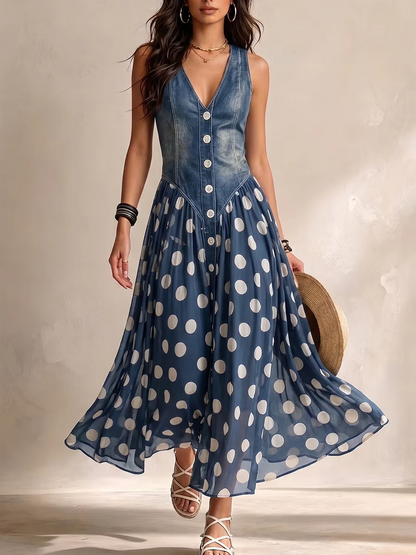 Jolanda | Abito in Denim con Gonna in Chiffon a Pois