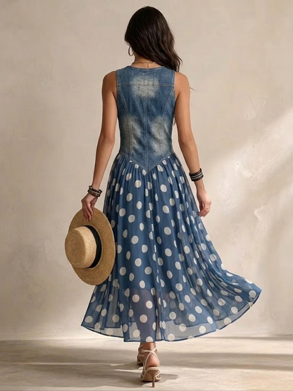Jolanda | Abito in Denim con Gonna in Chiffon a Pois