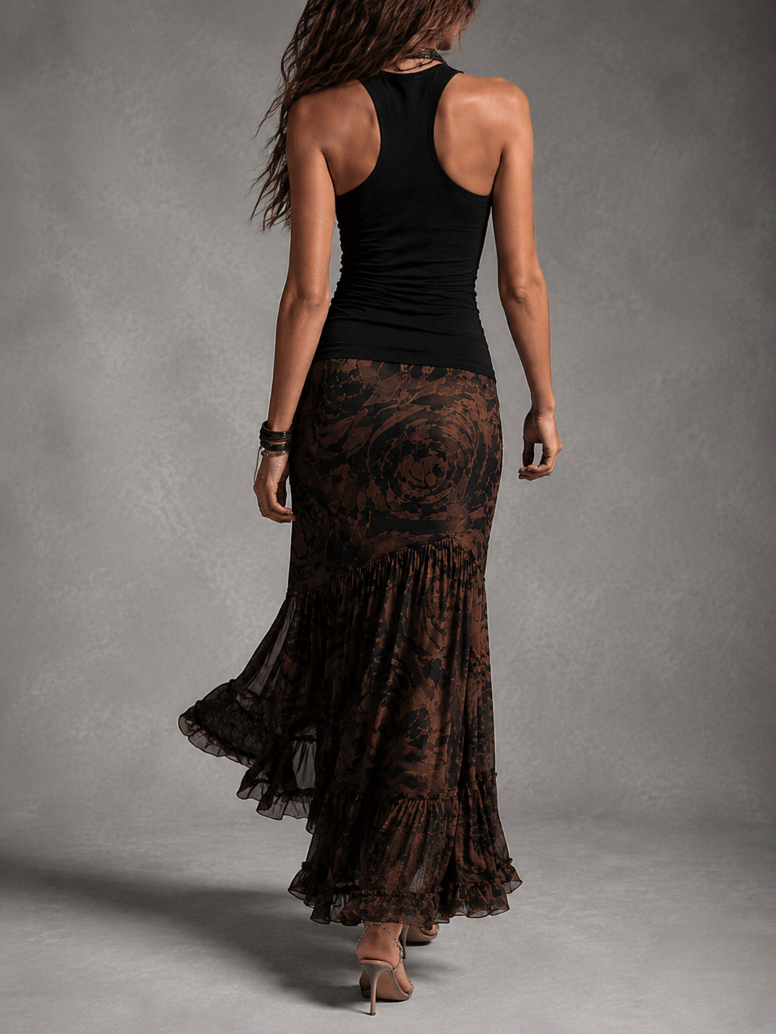 Rossana | Set Due Pezzi Top Halter Nero e Gonna Maxi in Mesh Rose