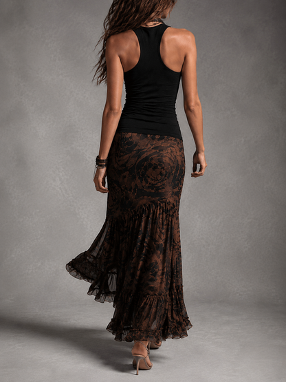 Rossana | Set Due Pezzi Top Halter Nero e Gonna Maxi in Mesh Rose