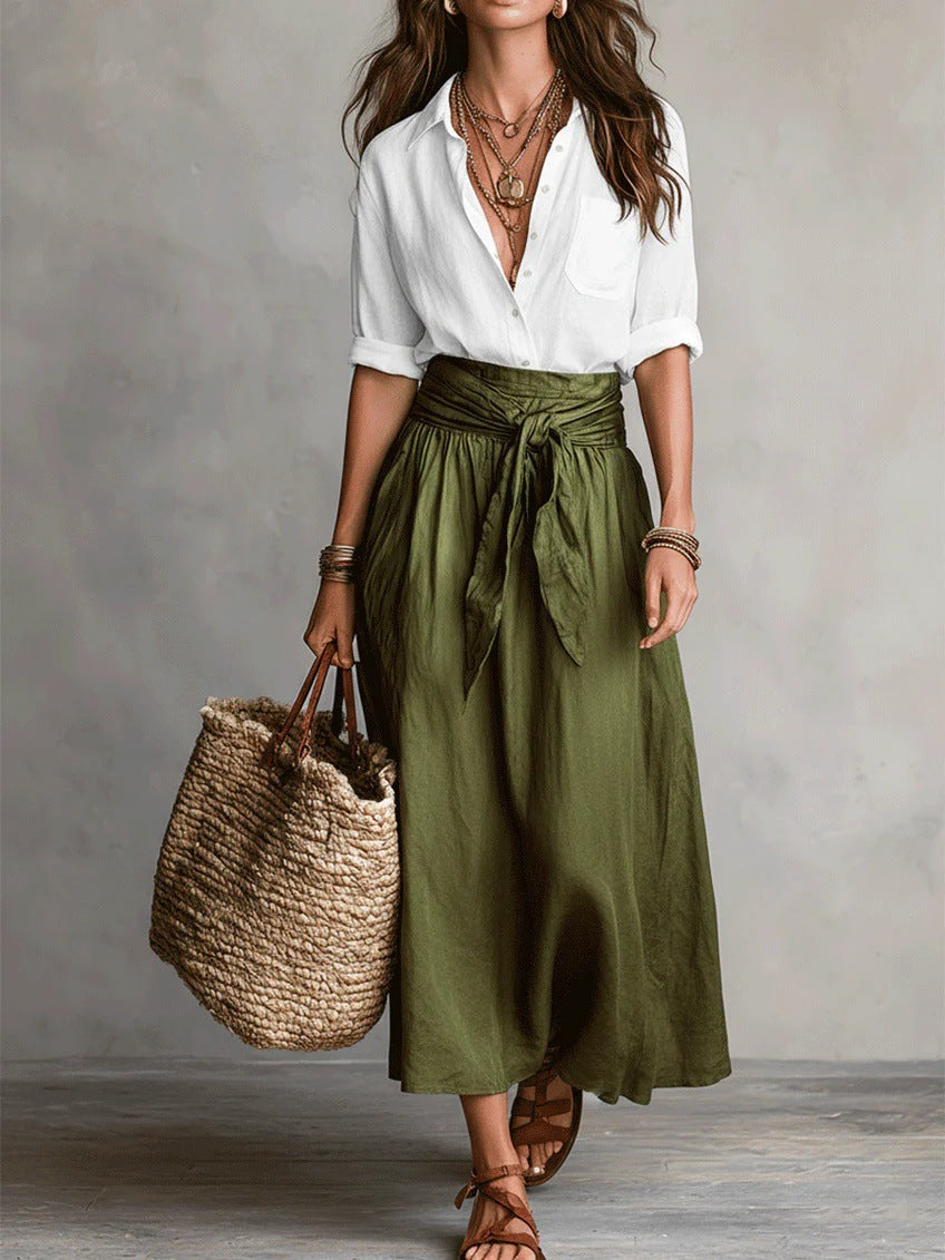 Rosa | Completo Due Pezzi: Top Nero e Gonna Midi Verde Oliva