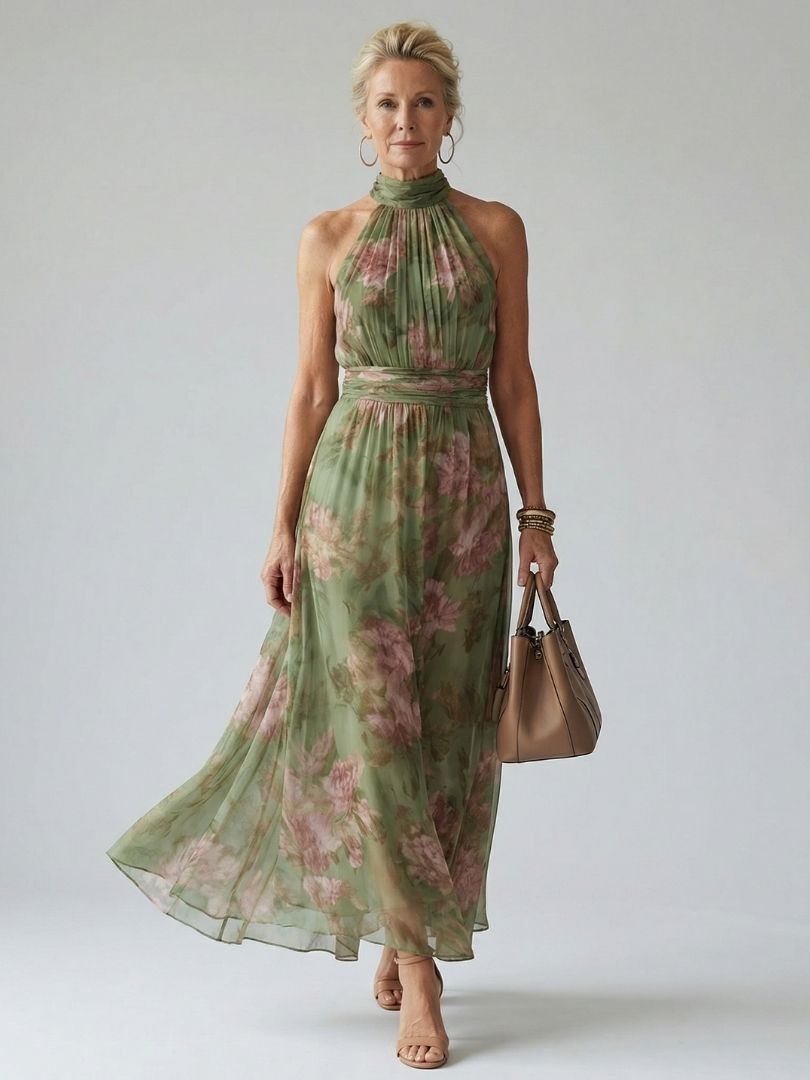 Mirella | Abito Midi con Scollo Halter Arricciato
