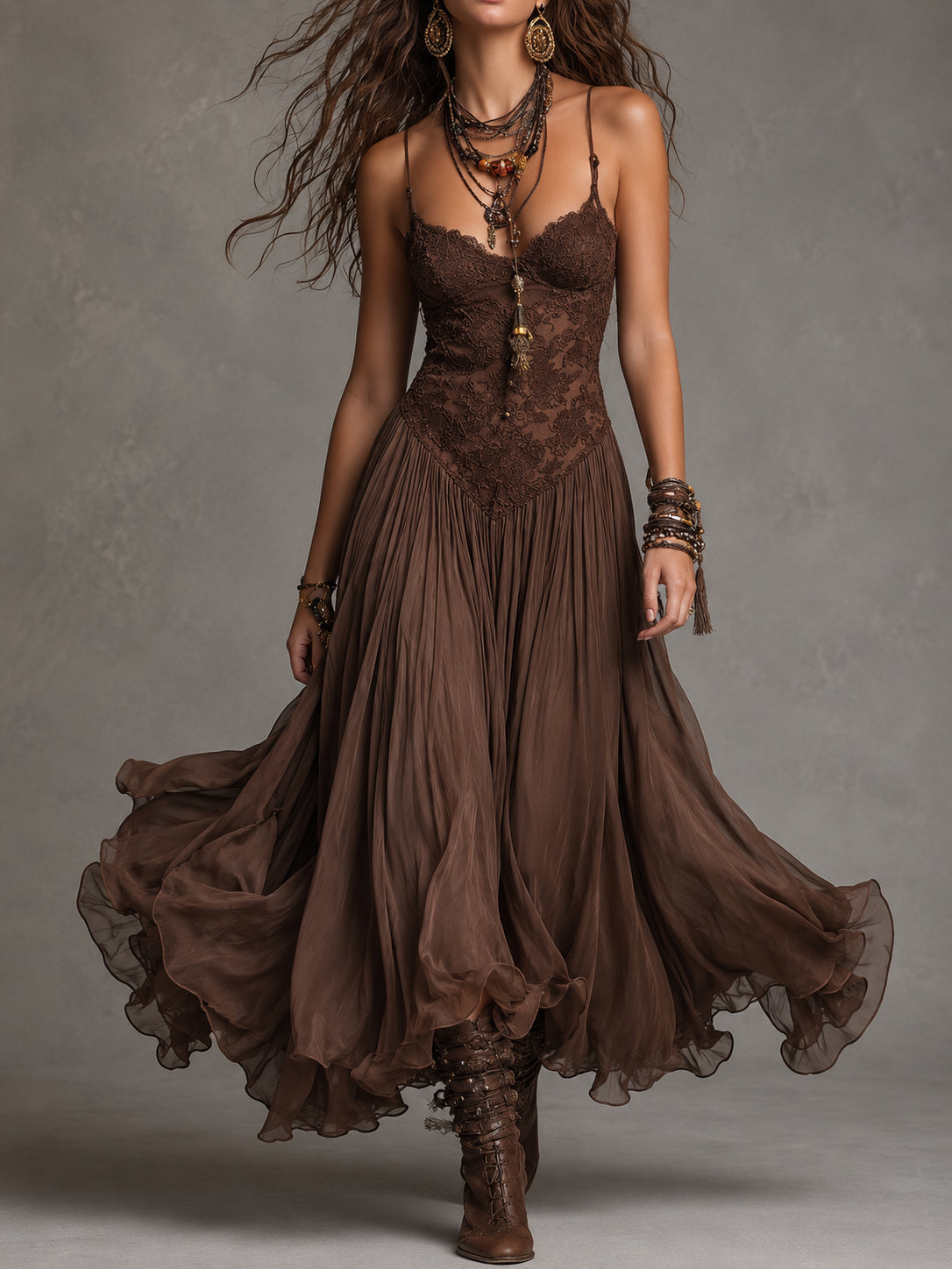 Federica | Abito Maxi in Chiffon e Pizzo Marrone