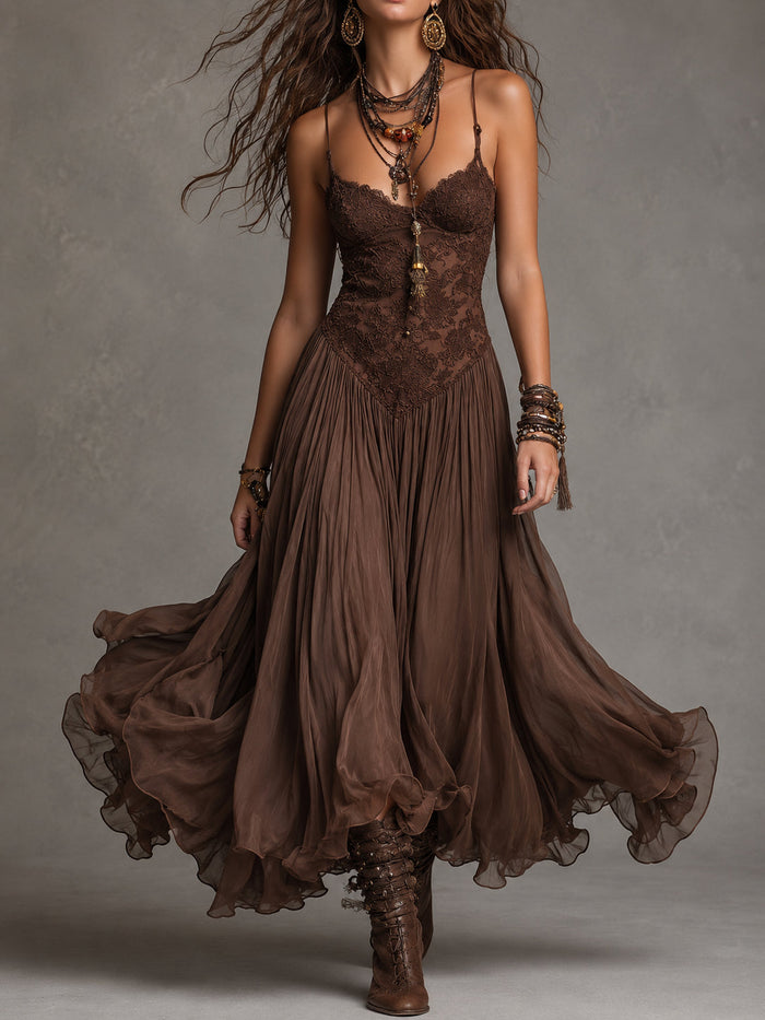 Federica | Abito Maxi in Chiffon e Pizzo Marrone