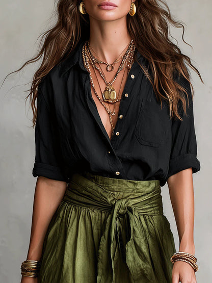 Rosa | Completo Due Pezzi: Top Nero e Gonna Midi Verde Oliva