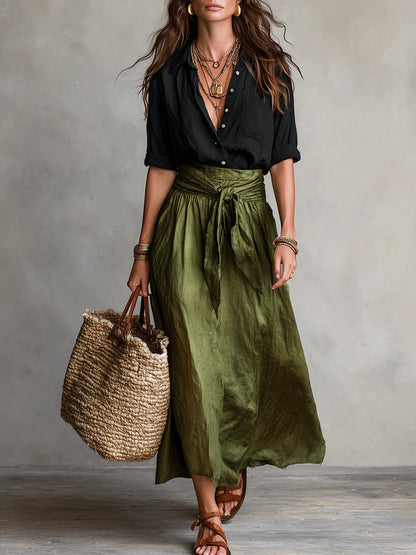 Rosa | Completo Due Pezzi: Top Nero e Gonna Midi Verde Oliva