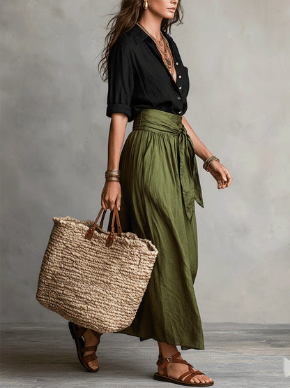 Rosa | Completo Due Pezzi: Top Nero e Gonna Midi Verde Oliva