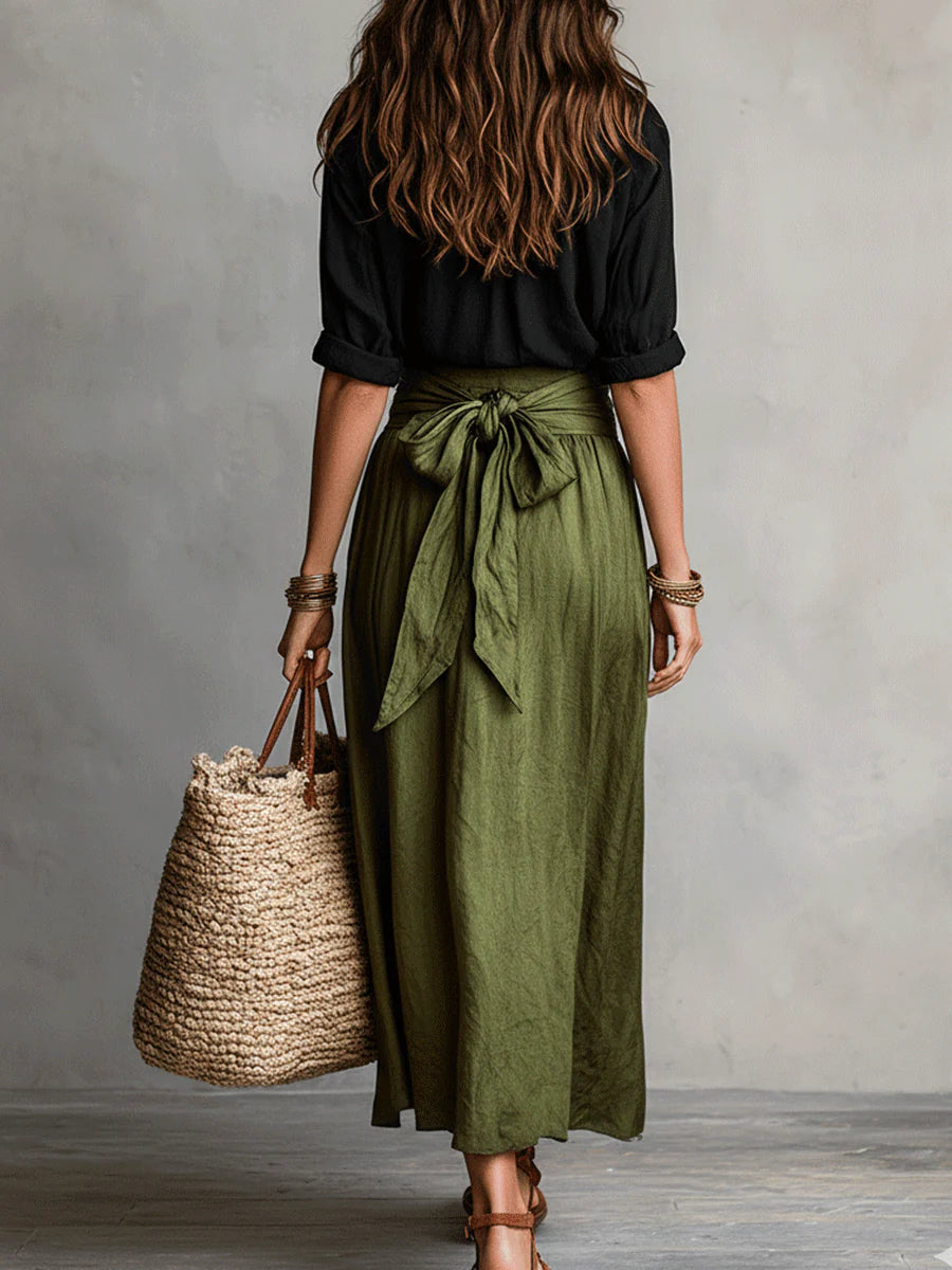 Rosa | Completo Due Pezzi: Top Nero e Gonna Midi Verde Oliva