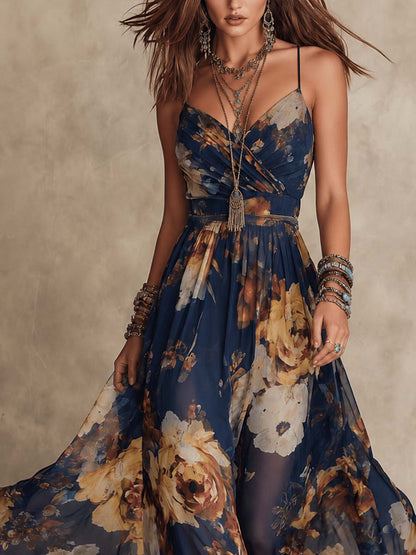 Nicoletta | Abito Lungo in Chiffon Blu Navy con Stampa Floreale e Spalline Sottili
