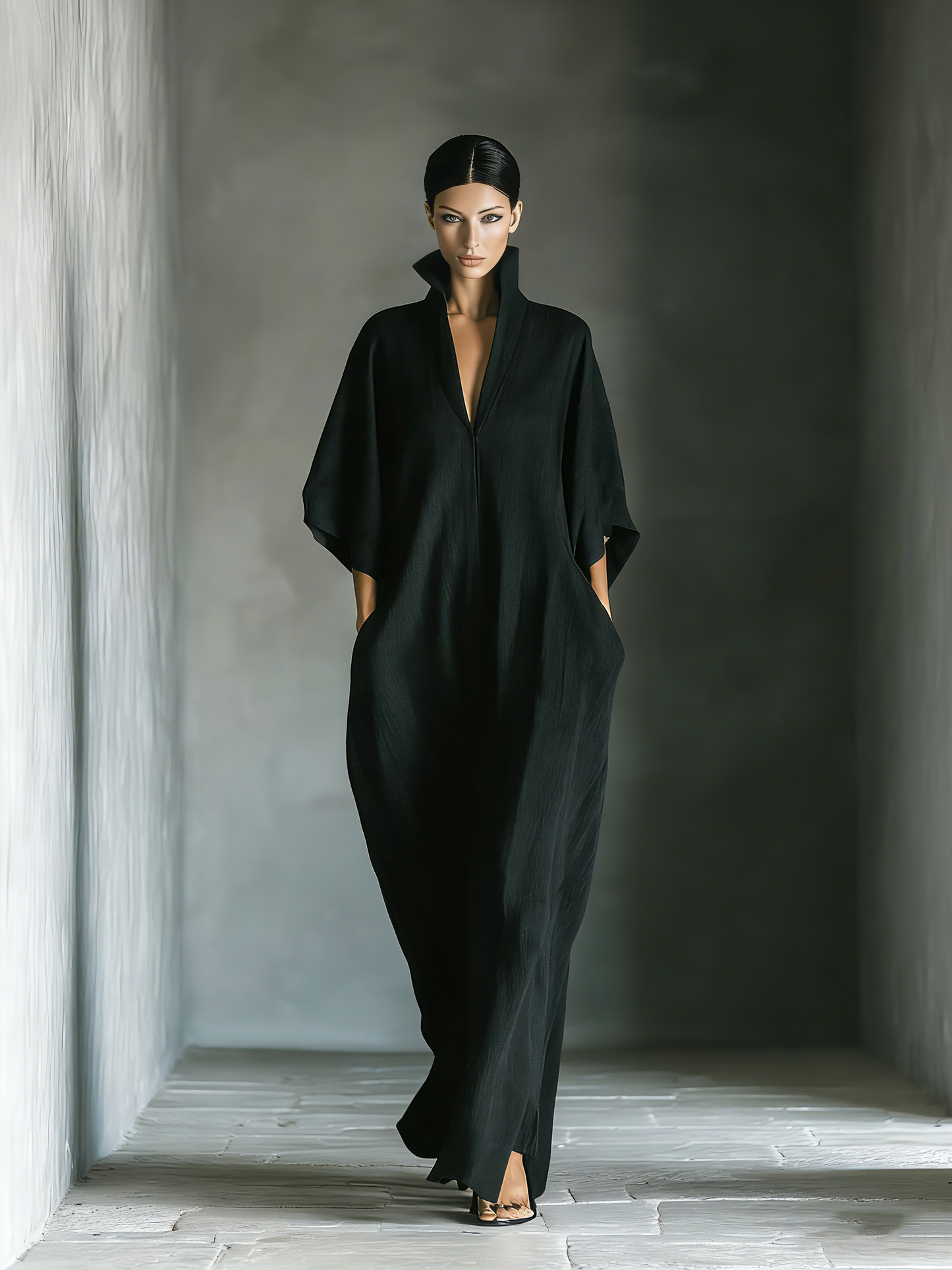 Costanza | Abito Maxi Nero con Maniche a Kimono e Scollo a V