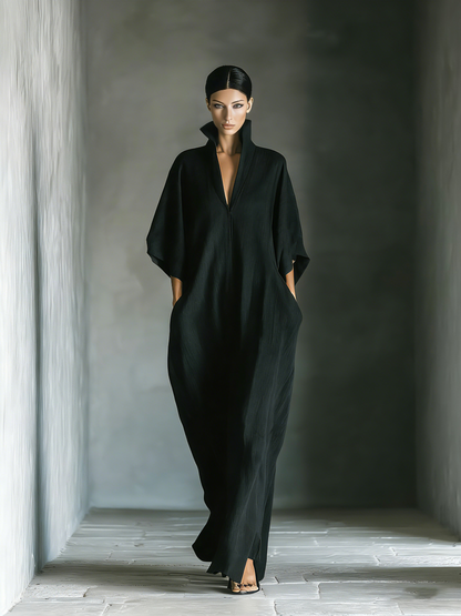 Costanza | Abito Maxi Nero con Maniche a Kimono e Scollo a V