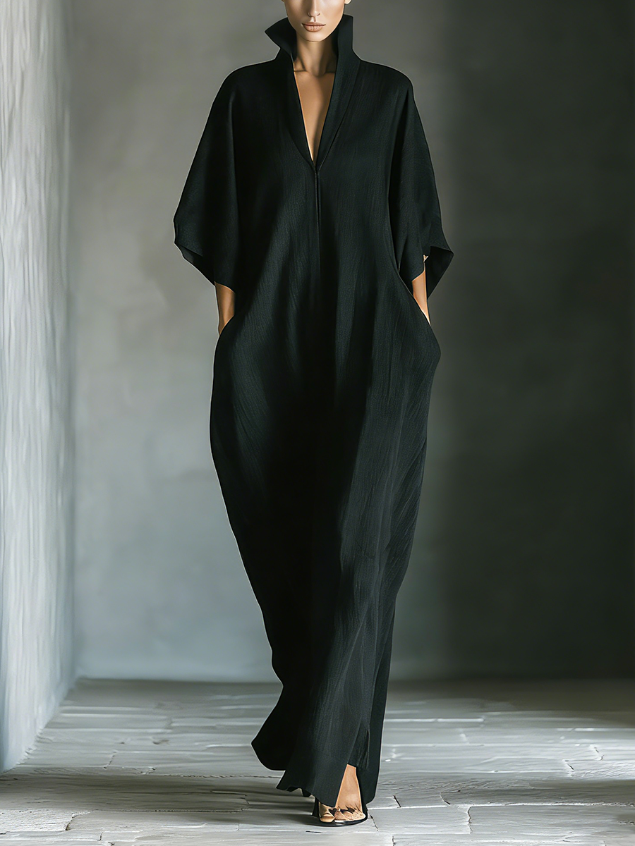 Costanza | Abito Maxi Nero con Maniche a Kimono e Scollo a V