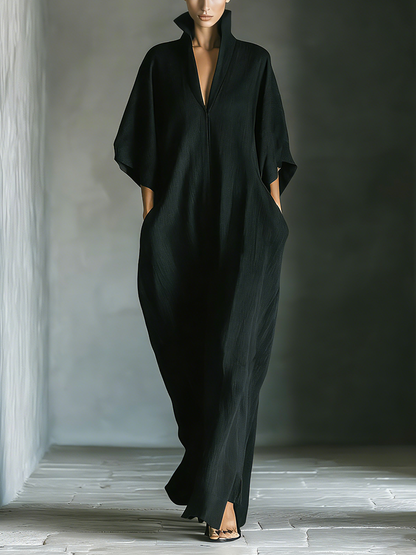 Costanza | Abito Maxi Nero con Maniche a Kimono e Scollo a V