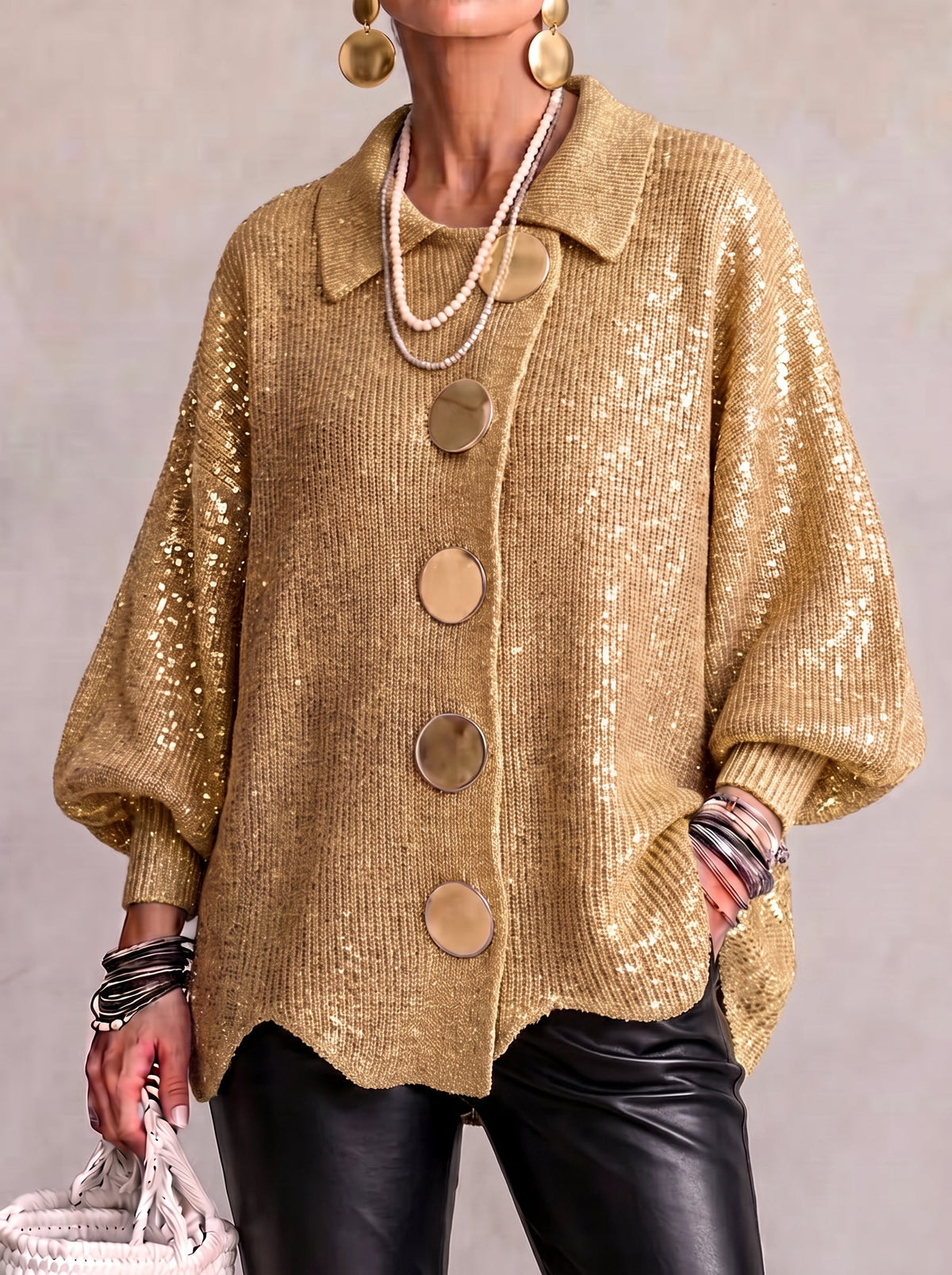 Ivana | Cardigan Oversize con Colletto e Grandi Bottoni Metallici