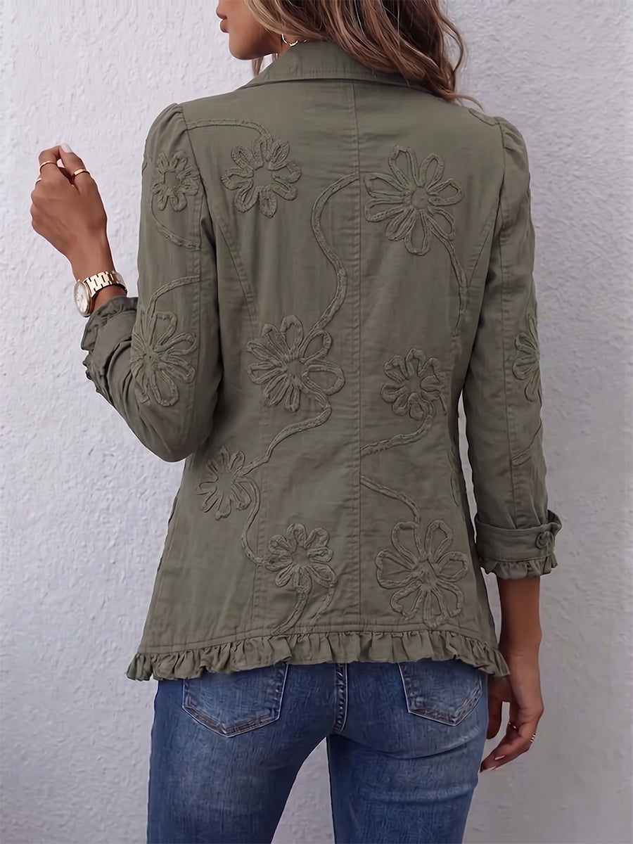 Carmela | Giacca Utility Ricamata Floreale con Rifiniture a Volant Boho-Chic