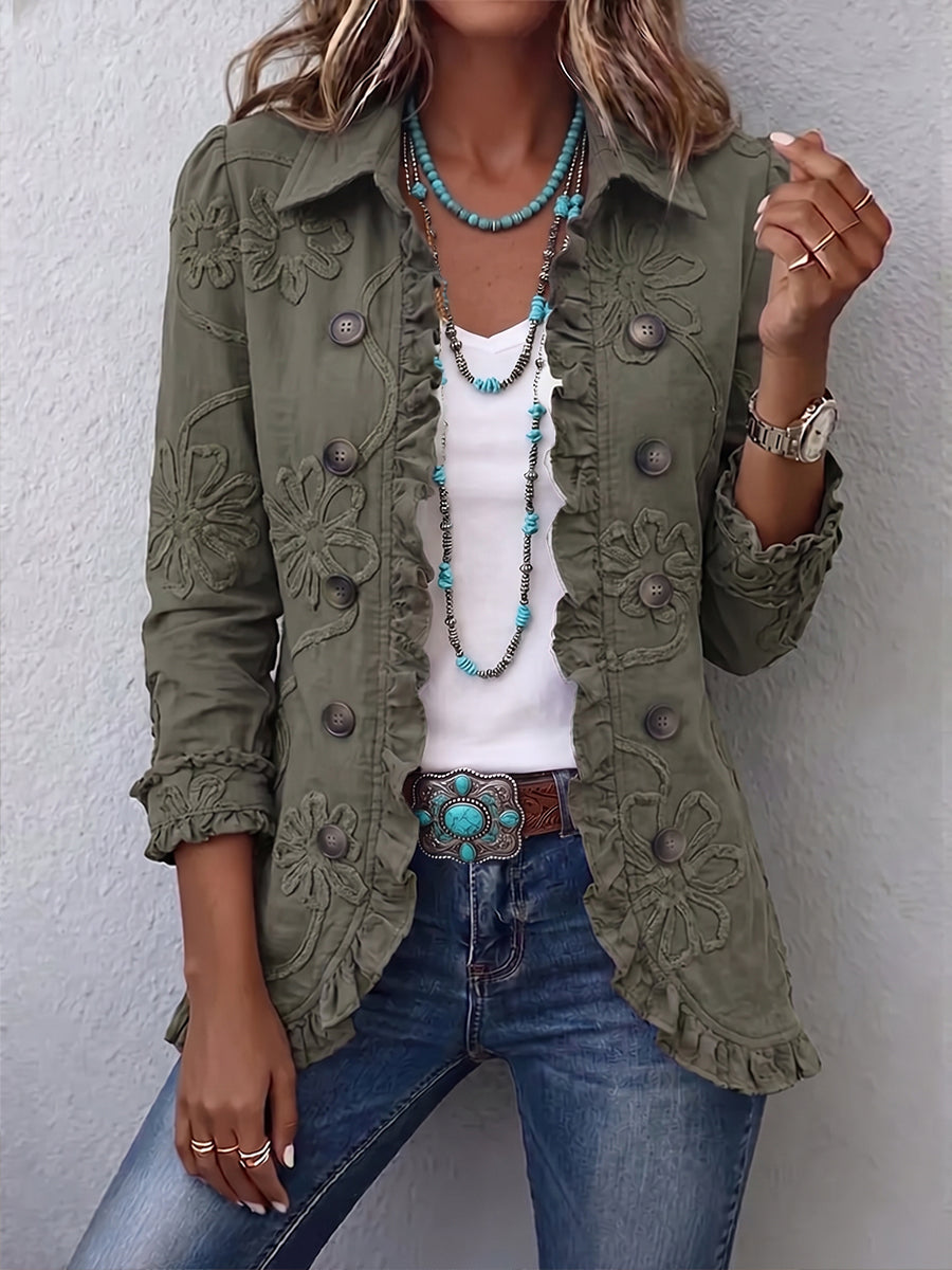 Carmela | Giacca Utility Ricamata Floreale con Rifiniture a Volant Boho-Chic